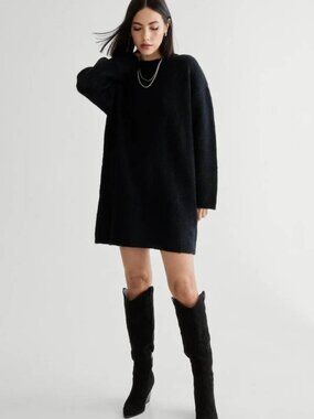 NEW NASTY GAL Ribbed Knit Crew Neck Sweater Dress Black 8